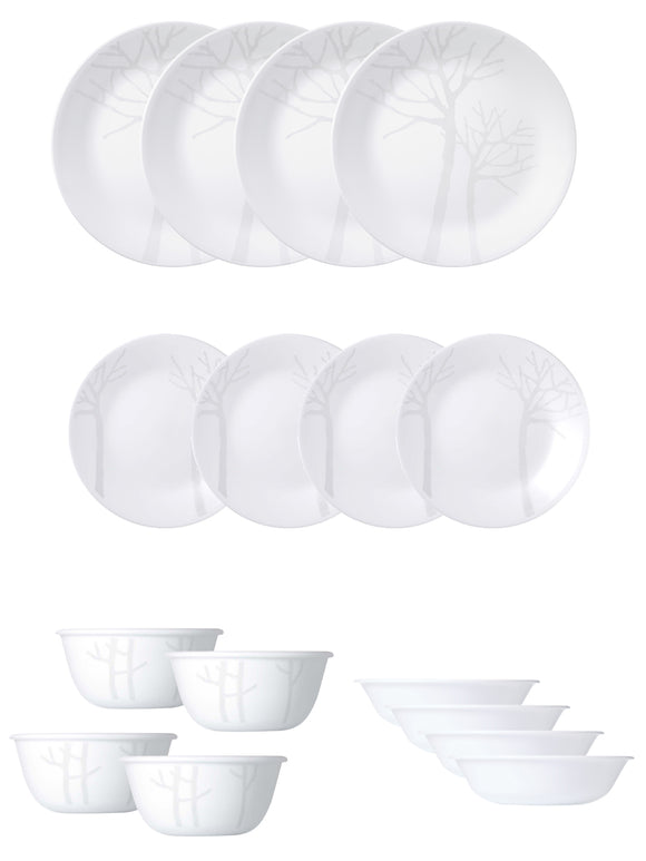 Corelle Asia Collection Gold Series Frost 16 Pcs Nuclear Family Set (Pack of 16) 4 26cm Dinner Plates, 4 17cm Small Plates, 296ml Dessert Bowl & 177ml Katori