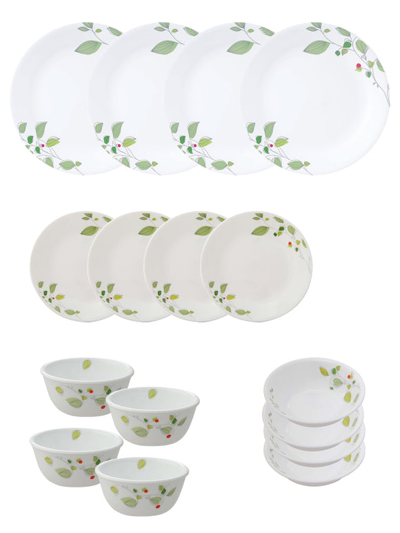 Corelle  Asia Collection Green Breeze 16 Pcs Nuclear Family Set (Pack of 16) 4 26cm Dinner Plates, 4 17cm Small Plates, 296ml Dessert Bowl & 177ml Katori