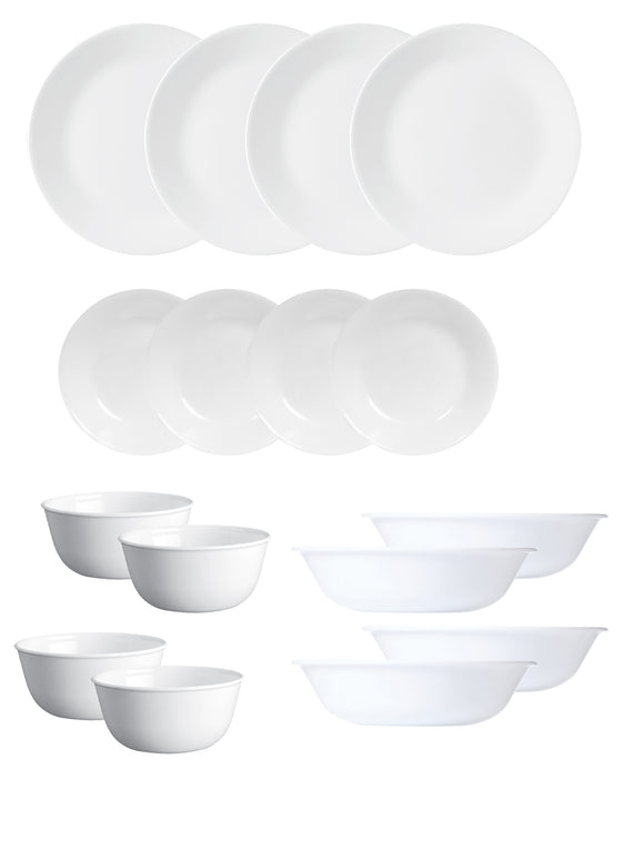 Corelle Livingware Winter Frost White 16 Pcs Nuclear Family Set (Pack of 16) 4 26cm Dinner Plates, 4 17cm Small Plates, 296ml Dessert Bowl & 177ml Katori