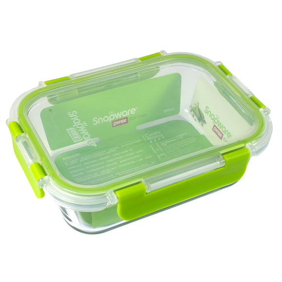 Snapware Leak-Proof Eco Clean Glass Storage Container with Air-Tight Lid, Microwave and Oven Safe, Rectangle, 660ML, Green