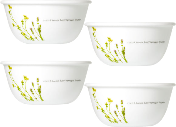 CORELLE Glass Vegetable Bowl Asia Collection European Herbs 177 ml Katori Pack of 4 (Pack of 4, White)