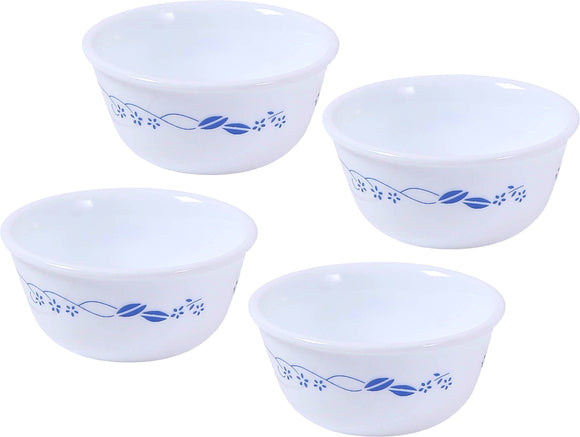 CORELLE Glass Vegetable Bowl Livingware Provincial Blue 177 ml Katori Pack of 4 (Pack of 4, White)